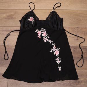Embroidered Lingere Night Gown Black With Pink Flowers